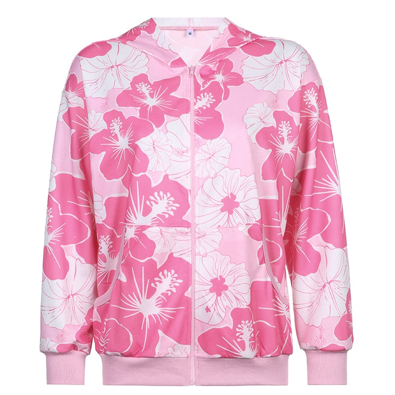 Kukombo Y2K Pink Floral Print Zip Hoodie Women Harajuku Oversize Hooded Sweatshirts Kawaii Jacket Sweet Coat Autumn Spring Top