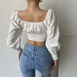 Kukombo Autumn New Women's Fashion Retro Style Long Sleeve Back Elastic White Cotton Shirt Short Crop Blouse