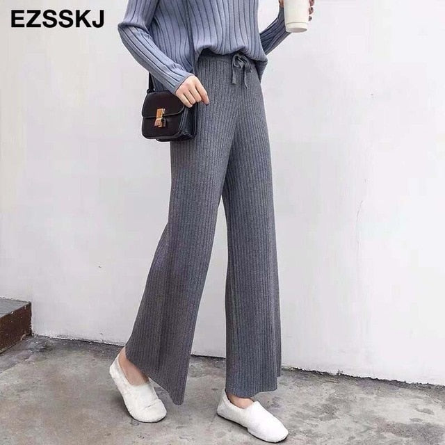 Christmas Gift 2021 autumn winter new casual straight pants  women female drawstring loose high waist knitted wide leg pants casual Trousers