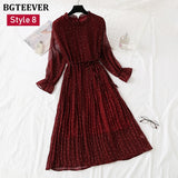 Christmas Gift BGTEEVER Spring Stand Collar Floral Print Women Dress Lace Up Female Pleated Dress Summer Party Midi Chiffon Vestidos femme 2021