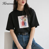 Christmas Gift Hirsionsan Aesthetic Printed T Shirt Women 2021 New Soft 1005 Cotton Balck Summer Tops O-neck Cusual Short Sleeve Female Tees