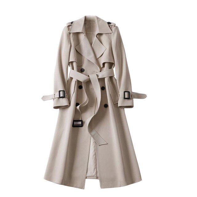 Christmas Gift Women's Long Trench Coats New Autumn Lapel Double Breasted Slim Windbreaker Korean Elegant Belted Solid Coat Ladies Outwear