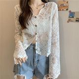 Kukombo Shirt Women Lace Summer Sun-Proof Simple Sexy Female Clothing Sheer Tops Preppy V-Neck Casual Trendy Harajuku Basic Korean New