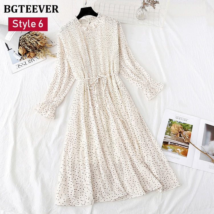 Christmas Gift BGTEEVER Spring Stand Collar Floral Print Women Dress Lace Up Female Pleated Dress Summer Party Midi Chiffon Vestidos femme 2021