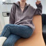 Christmas Gift Hirsionsan Zipper Turn-down Collar Autumn Sweaters Women Cashmere Soft Loose Solid Female Knited Pullovers 2021new Thick Jumper