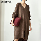 Christmas Gift BGTEEVER Chic Stylish Oversized V-neck Sweater Midi Dress Long Sleeve Thick Warm Autumn Winter Loose Female Knitted Dress 2021