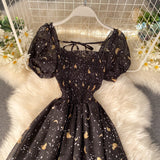 Vintage Dress Corset For Women Elegant Square Neck Short Sleeves Hepburn Style Black Robe Cocktail Dresses Summer Clothing