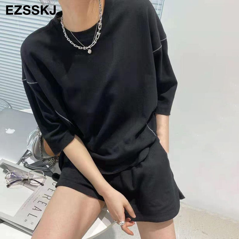 Christmas Gift 2021 casual oversize cotton Tracksuit women oversize t-shirt +shorts 2 Pieces Set female chic loose t-shirt + shorts suits