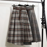 Kukombo 2022  Women Plaid Irregular Wool Midi Skirts Pleated Sashes England Style Vintage Warm A-Line Long Skirt Kukombo