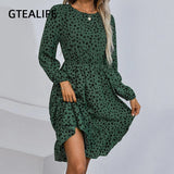 Kukombo Green Women Autumn Winter Dalmatian Print Ruffle Hem Midi Elegant Dress Boho O Neck Long Sleeve Beach Party Dresses
