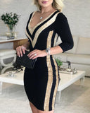 Kukombo Contrast Color Striped Tape Bodycon Dress Women Sexy V Neck Long Sleeve Party Dress