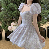 Kukombo  Sexy Mini Vintage Dress Women French Floral Print Sweet Fairy Dress 2022 Summer Beach Party Princess Dress Female Korean Elegant