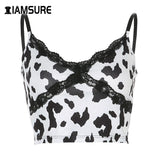 Kukombo Streetwear Animal Cow Printed Lace Edge V-Neck Crop Tops For Women Casual Home Fashion Leisure Outfits Female Tank Tops