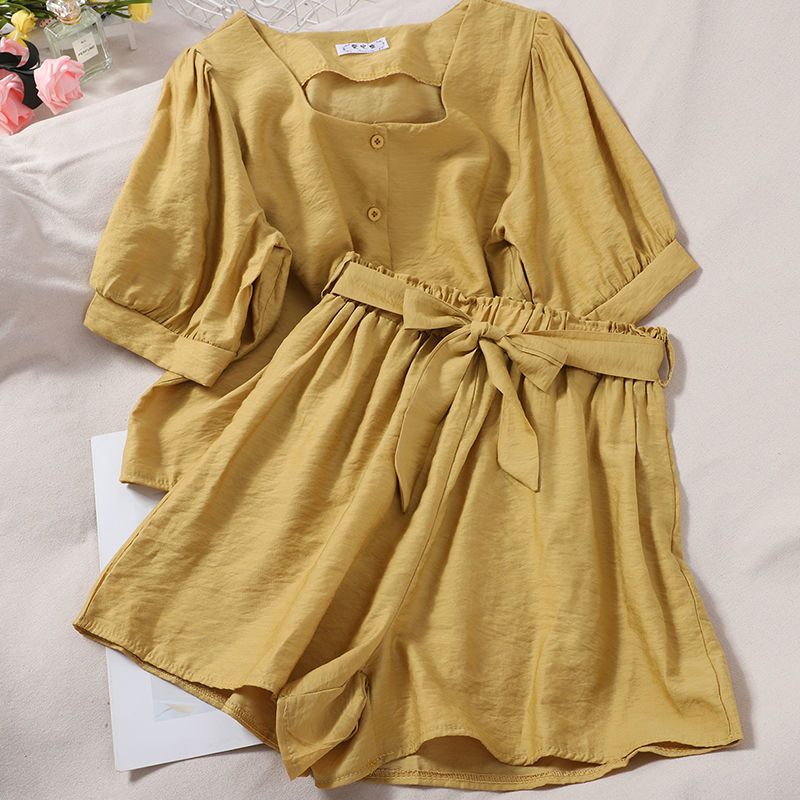 Christmas Gift Korean Style Large Size Casual New Summer Square Neck Short Sleeve Women's Suit Loose + High Waist Shorts