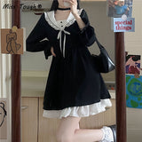 Kukombo  Kukombo  Autumn Black Lolita Dress Women Patchwork Elegant Vintage Party Mini Dress Female Casual Bow High Waist Korean Kawaii Dress 2022 K105