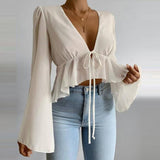 Kukombo Summer Casual Tee Tops Women Tshirts Long Flare Sleeve Solid V-Neck Tees Cropped Shirts Ruffies Short Shirt Tops