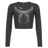 Kukombo Goth Print Cute Graphic T Shirts Women Black Techwear Long Sleeve Basic Autumn Tops Cropped Tee Shirt Girl Streetwear