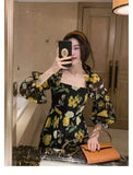 Kukombo One Piece Dress Fairy Floral Midi Dress Women Puff Sleeve Elegant Vintage Dress Female Party Dress Lady 2022 Summer Traf Robe