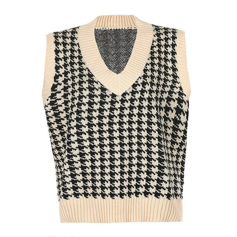 Christmas Gift HEYounGIRL Plaid V Neck Vintage Sweater Vest Casual Elegant Sleeveless Jumpers Pullover Autumn Knitted Top Winter High Street