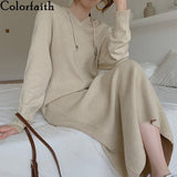 Kukombo New 2022 Autumn Winter Women Dresses V-Neck Hooded Korean Knitting Oversize Elegant Vintage Lady Long Dresses DR6022