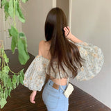 Kukombo Sexy Floral Blouse Tops Women French Vintage Designer Sweet Slim Strap Blouse Casual Puff Sleeve Outdoor Blouse Summer
