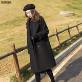 Christmas Gift Woman Long Coat Fahsion Windbreaker Autumn Winter Black Hepburn Woole Overcoat Middle Long Thicke Slim 2021 Korean Women's Coat
