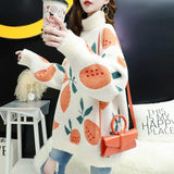 Kukombo Knit Plush Sweater women Oversize Turtleneck Female Pullovers Fruit Printed Woman Sweater Winter Loose Thick Pullovers
