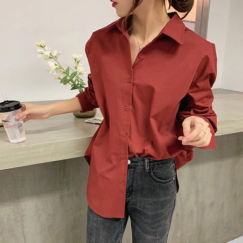 Christmas Gift BGTEEVER Office Ladies Blouses Shirts Single-breasted Lapel Loose Female Shirts Tops Women Blouses Femme Blusas Mujer 2021