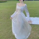 Kukombo Fairy Dress Retro Square Collar Floral Vestidos Sweet Robe Femme White Dress Party Elegant Bridesmaid Dress High Quality Female