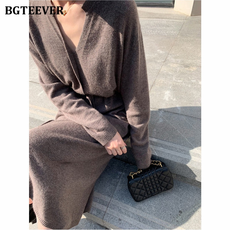 Christmas Gift BGTEEVER Vintage Women Knitted Dress Autumn Winter Brief V-neck Warm Drawstring Lace-up Loose Midi Female Sweater Dress 2021