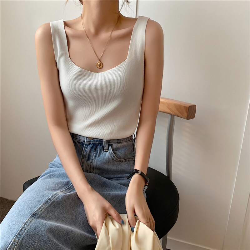 Christmas Gift Vest Female Summer Round Neck Sleeveless Solid Pullover 2021 Korean Style Women's Tops Camisole Crop Top Female Clothing #