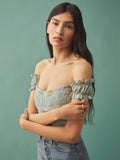 Kukombo Elegant Off Shoulder Women Tank Top Vintage Green Floral Print Elastic Sexy Camis Casual Women Summer Top