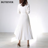 Christmas Gift BGTEEVER Elegant V-neck Thick Warm Women Knitted Pleated Dress Long Sleeve Belted Sashes Ladies Sweater Dress 2021 Autumn Winter