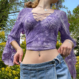 Kukombo Sweetown Plant & Flowers Print Vintage Ladies T Shirts Front Cross Tie Up V Neck Sexy Mesh Tops Split Flare Sleeve Autumn Tees