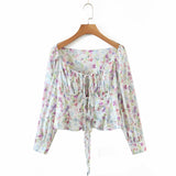 Kukombo Palace Square Collar Women Tops And Blouses Sexy Summer Hollow Out Beach Boho Front Bandage Vintage Floral Print Shirt