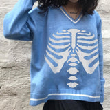 Kukombo Halloween Heyoungirl Skull Print V Neck  Oversized Sweater Harajuku Casual Loose Knitted Top Pullovers Korean Punk Ladies Jumper Winter