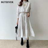 Christmas Gift BGTEEVER Stand Collar Long Sleeve Women Tiered Dresses Summer Spring Lace-up A-line Solid Vestidos Femme Casual Midi Dresses