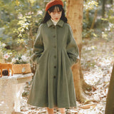 Kukombo French Vintage Woolen Coats Women Autumn Winter New Elegant Pleated Long Coat Female Sweet Lantern Sleeve Jackets