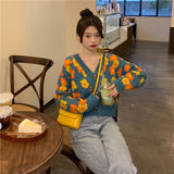Kukombo Autumn Floral Sweet Knitting Sweater Coat Female Korean Holiday Casual Sweater Tops Sexy Two Piece Suit Knitting Tops