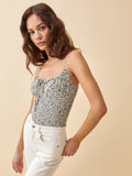 Kukombo Fashion Center Bow Women Tank Top Vintage Navy Floral Print Women Camis Slim Spaghetti Strap Women Crop Top