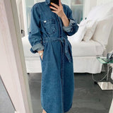 Women Autumn Denim Shirt Dresses Vintage Single Breasted Full Sleeve Sashes Maxi Vestido Female Loose Casual Streetwear Robe