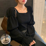 Kukombo Women Blouses Autumn New Solid Korean Chic Square Collar Puff Sleeve Shirts Tops Femme Fashion Casual Lady Blusa 3d121