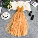 Strap Flyffy Dress Women Knit Halter Stitching Mesh Cupcake Dress Solid Color Sundress Lady Sexy Beach Party Robe Club Wear