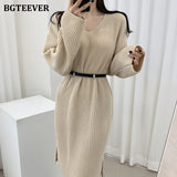 Christmas Gift BGTEEVER Casual V-neck Loose Female Long Knitted Dress Full Sleeve Side Split Autumn Winter Women Sweater Dress Vestidos
