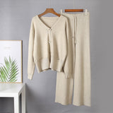 Christmas Gift Hirsionsan 2 Pieces Knitted Sets Women Tracksuit V Neck Cardigan & High Waist Pants Loose Soft Chic Knitted Sweater Outwear Lady