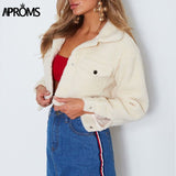 Christmas Gift Aproms Elegant Solid Color Cropped Teddy Jacket Women Front Pockets Thick Warm Coat Autumn Winter Soft Short Jackets Female 2021