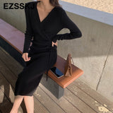 Christmas Gift pure color  2021 thick dress warm autumn winter maix sweater dress women bodycon v-neck Drawstring long dress female dress