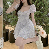 Kukombo  Sexy Mini Vintage Dress Women French Floral Print Sweet Fairy Dress 2022 Summer Beach Party Princess Dress Female Korean Elegant
