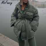 Christmas Gift Msfancy Green Quilted Coat Women Winter Fashion Stand Collar Tunic Bandage Jacket Mujer 2021 Vintage Pockets Warm Parkas Outwear