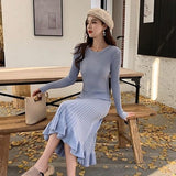 Kukombo Long Sleeve Dress Women Slender O-Neck Autumn Winter Elegant Chic Solid Midi 5-Color All-Match Knitted Fashion Ulzzang Vestido